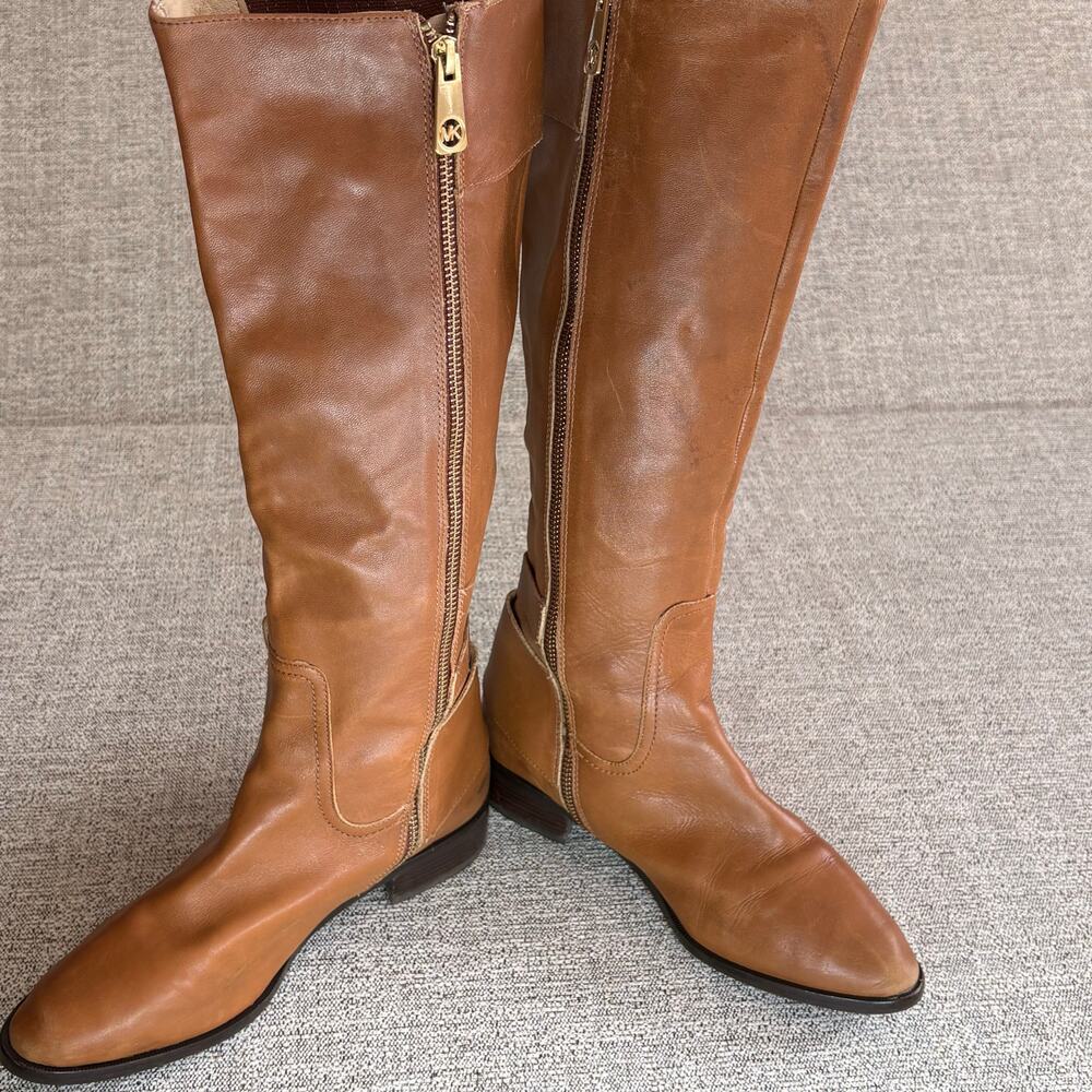 MICHAEL KORS Women Brown Leather Tatum Tall Riding Boots Gold Buckle SZ 7.5 - Picture 6 of 11